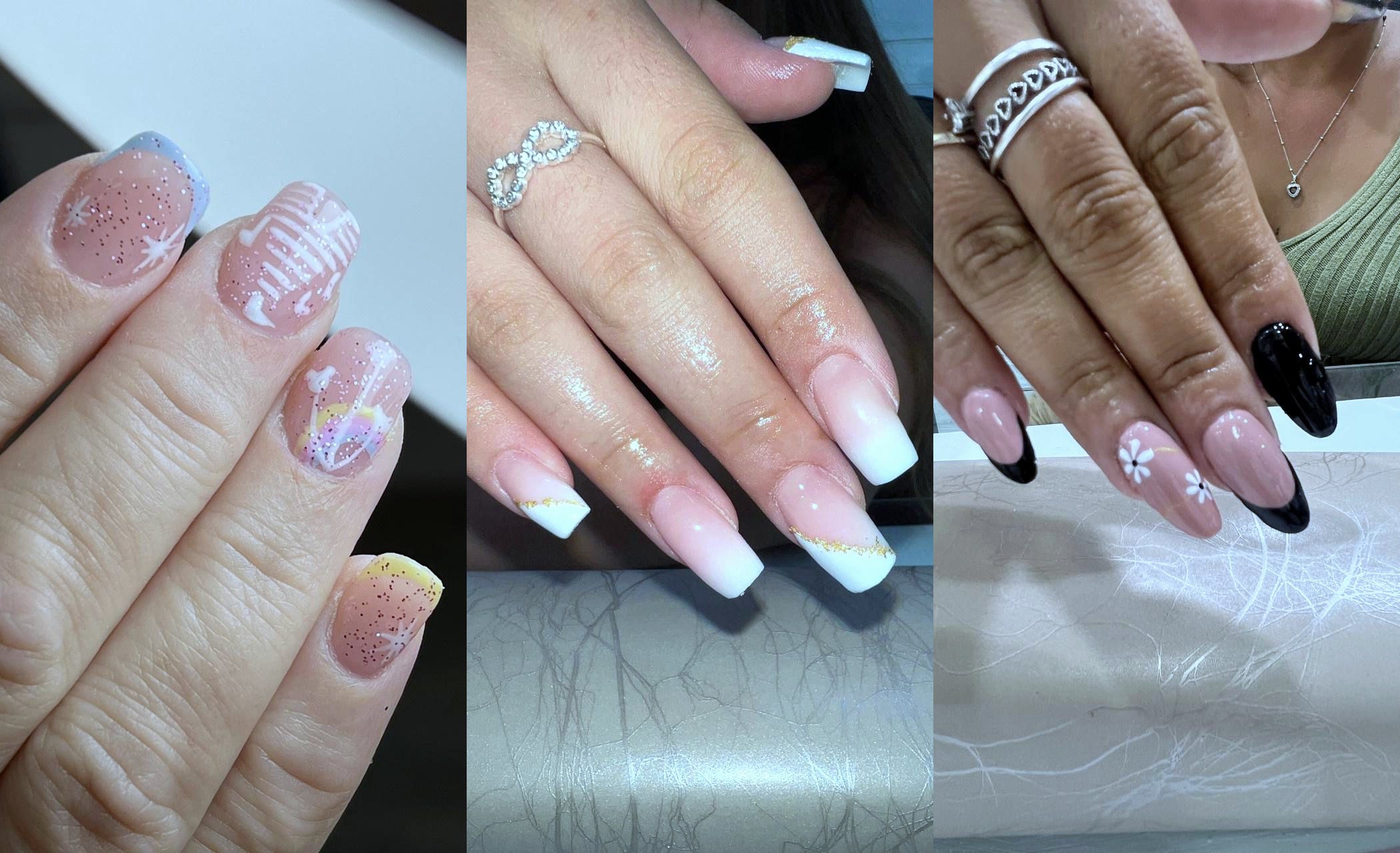 Tres trabajos de Raquel Salmerón: uña corta natural con francesas pastel, uñas coffin largas en babyboomer con pan de oro y almendra con francesa negra y margaritas.